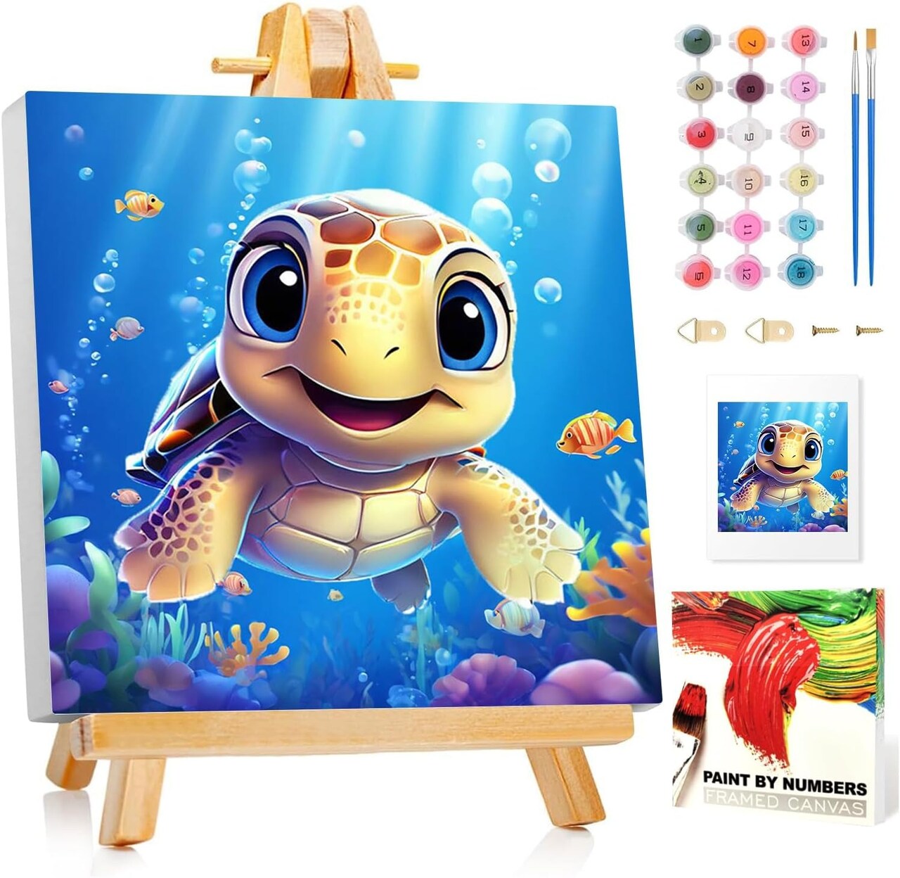 Sea Turtles Paint by Numbers Kit for Kids – 8×8" DIY Canvas with Frame & Easel, Acrylic Painting Set for Ages 6–12, Perfect for Gifts and Home Decor